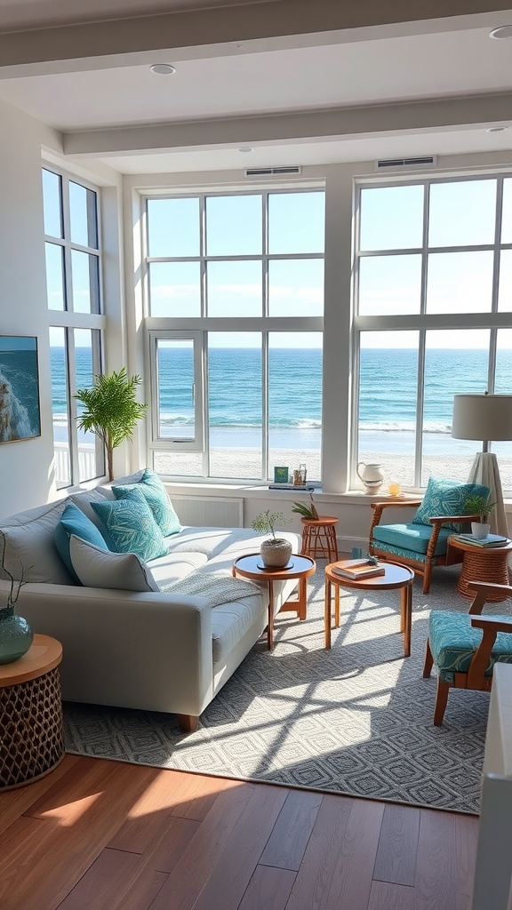 Bright living room with blue and green decor and ocean view