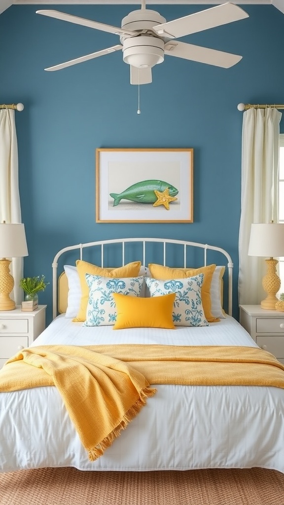 A cozy bedroom with blue walls and yellow accents, featuring a white bed with colorful pillows and a nautical-themed artwork.