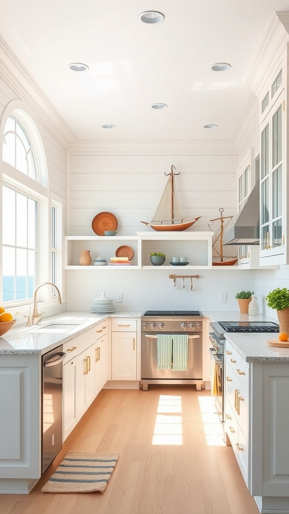 A bright coastal kitchen featuring white cabinets, a sailboat decoration, and natural light