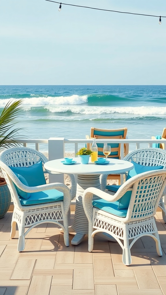 Outdoor bistro set with wicker chairs and round table by the beach