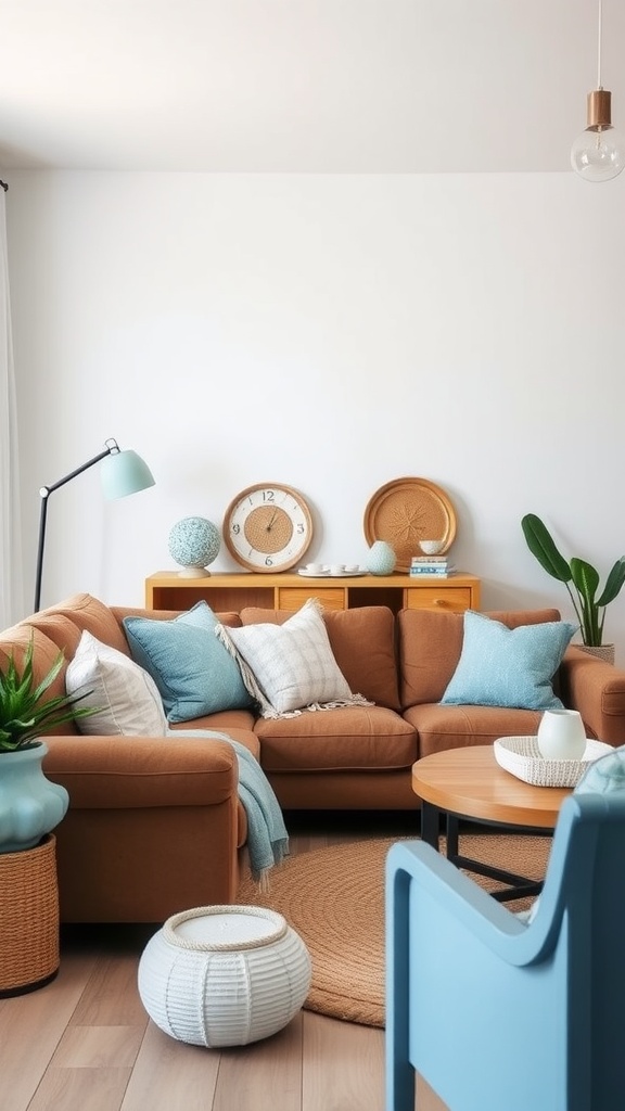 Living room with a brown sofa, blue accents, and coastal decor