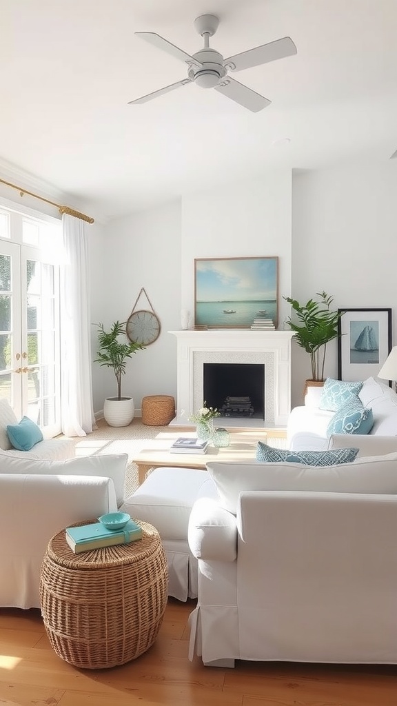 Cozy living room with white couch, soft blue accents, and coastal decor