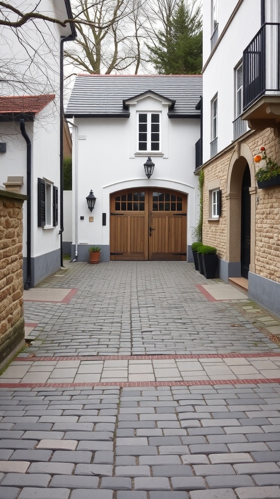 A driveway with cobblestone pavers leading to a garage entrance, surrounded by trees and buildings.