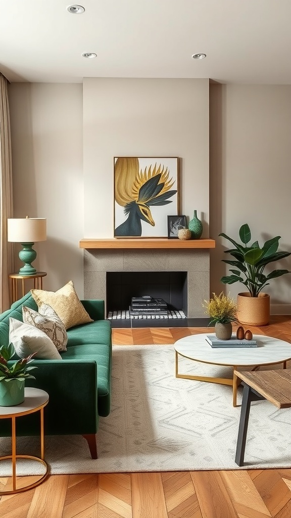 A stylish living room featuring a forest green sofa, neutral walls, wooden flooring, and plants. Decorative elements include a round coffee table and artwork.