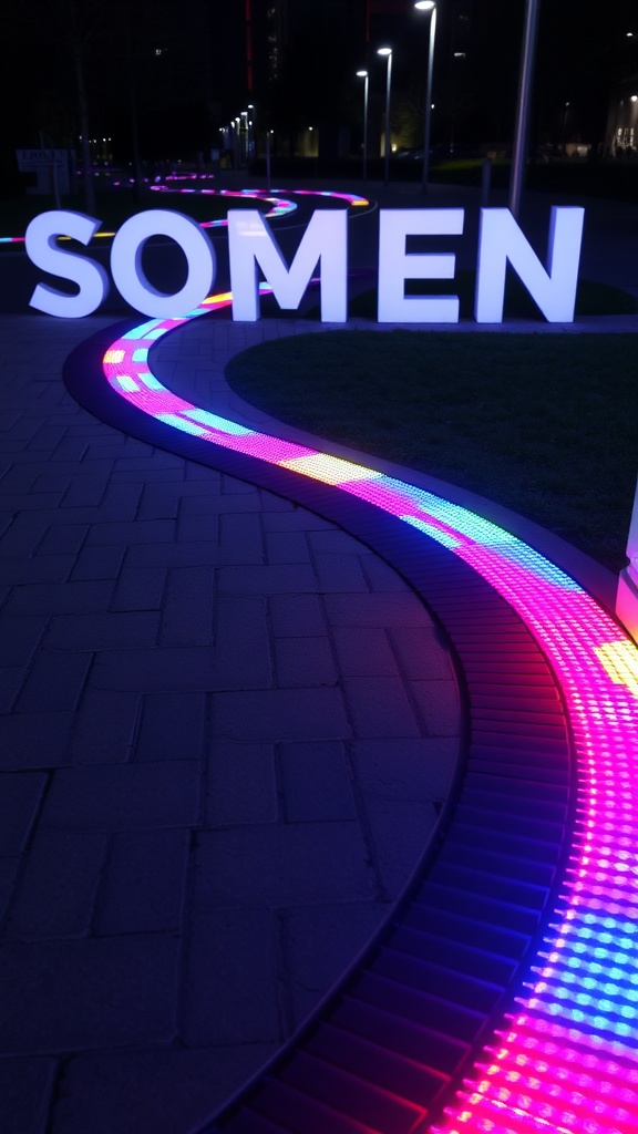 A colorful LED strip lighting illuminating a paver walkway at night, with a sign in the background.