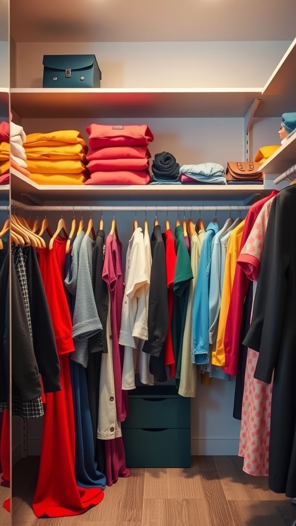 A well-organized closet with clothes arranged by color, including shelves of folded items and a blue storage box.