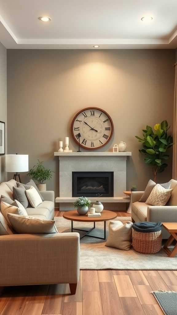 Cozy basement family room with neutral color palette, warm wood flooring, and inviting furniture.