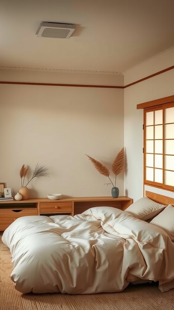 A tranquil Japanese bedroom with neutral color palette, soft bedding, and natural decor