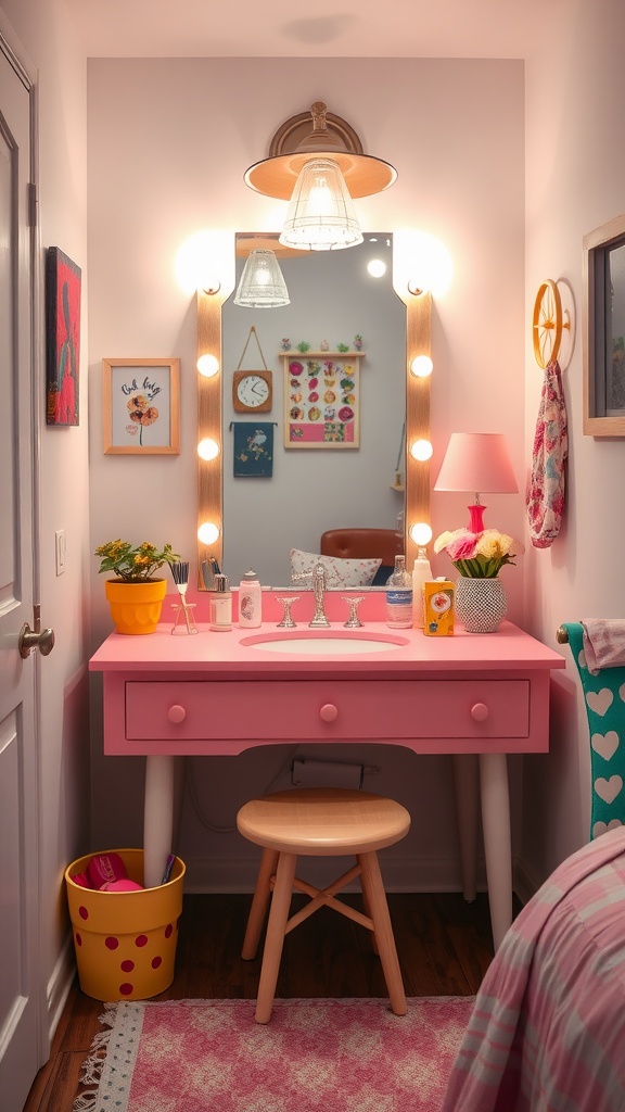 Colorful small bedroom vanity with pink surface, round mirror, and playful decor