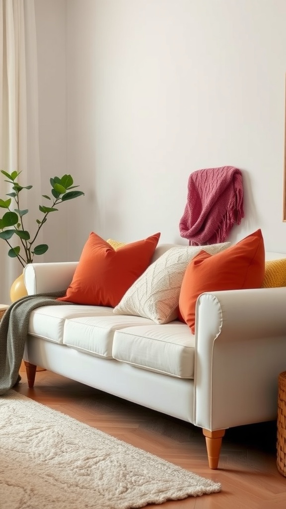 A cozy living room featuring a white couch with vibrant orange pillows and a textured throw, complemented by a green plant.