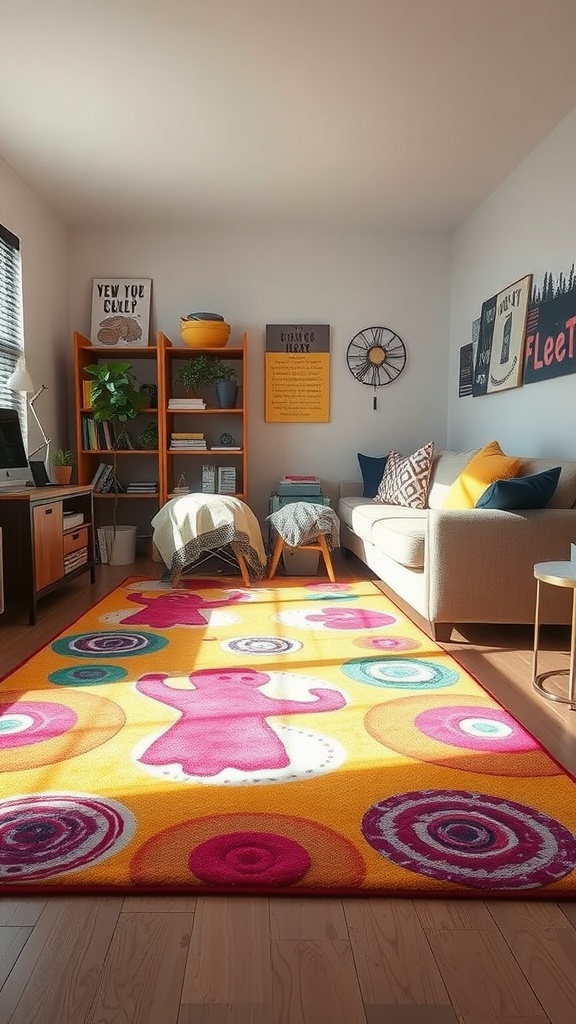 A colorful area rug with playful designs in a dorm living room, featuring a warm and inviting atmosphere.