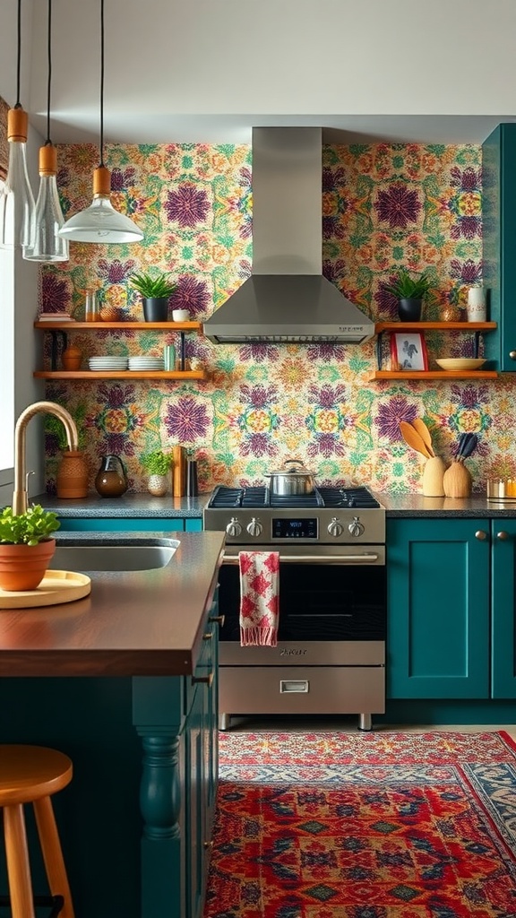 A colorful boho kitchen featuring a vibrant floral backsplash, dark teal cabinets, and open shelves with plants.