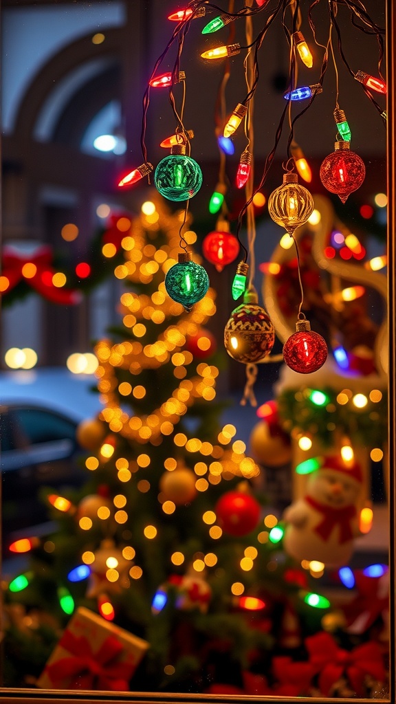 Colorful Christmas ornaments hanging with string lights, with a blurred Christmas tree in the background