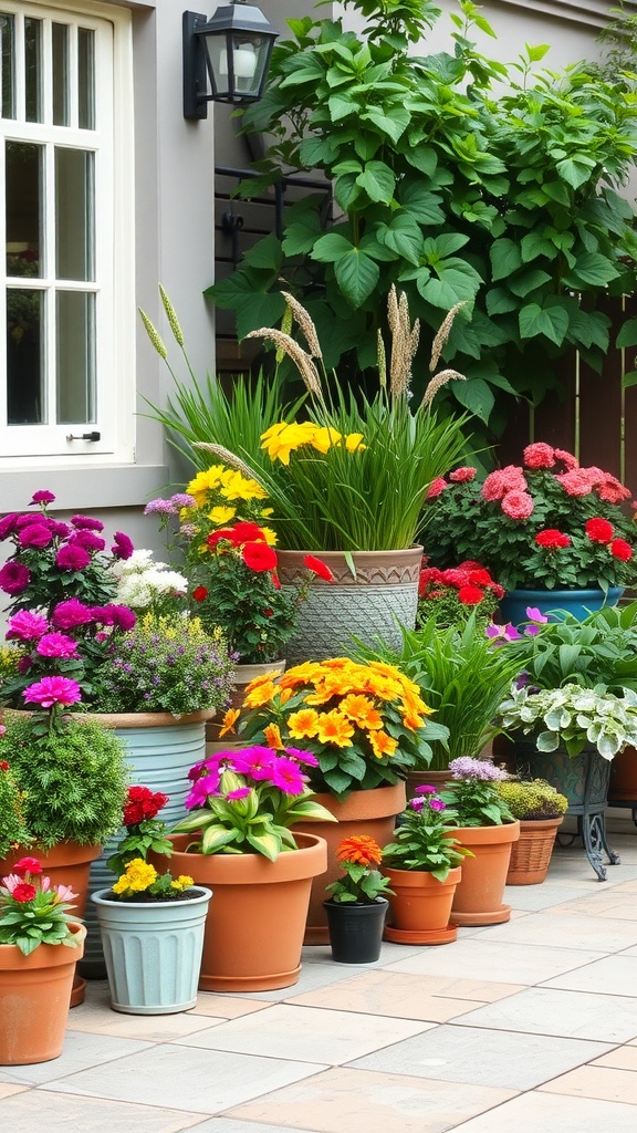 A vibrant collection of various colorful flower pots arranged in a garden setting