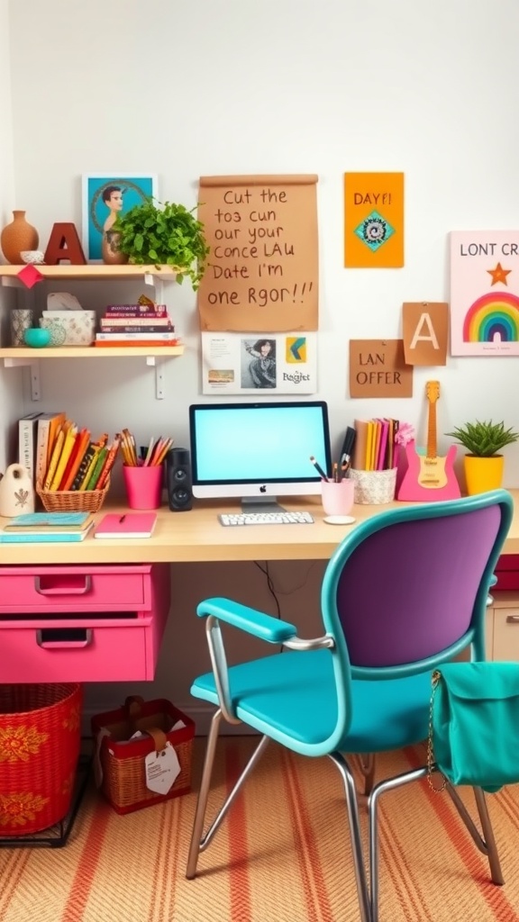 A colorful home office with a vibrant desk setup, featuring bright pink drawers, a turquoise chair, and various colorful desk accessories.