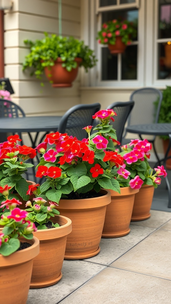 Group of colorful geraniums in terracotta pots on a patio.