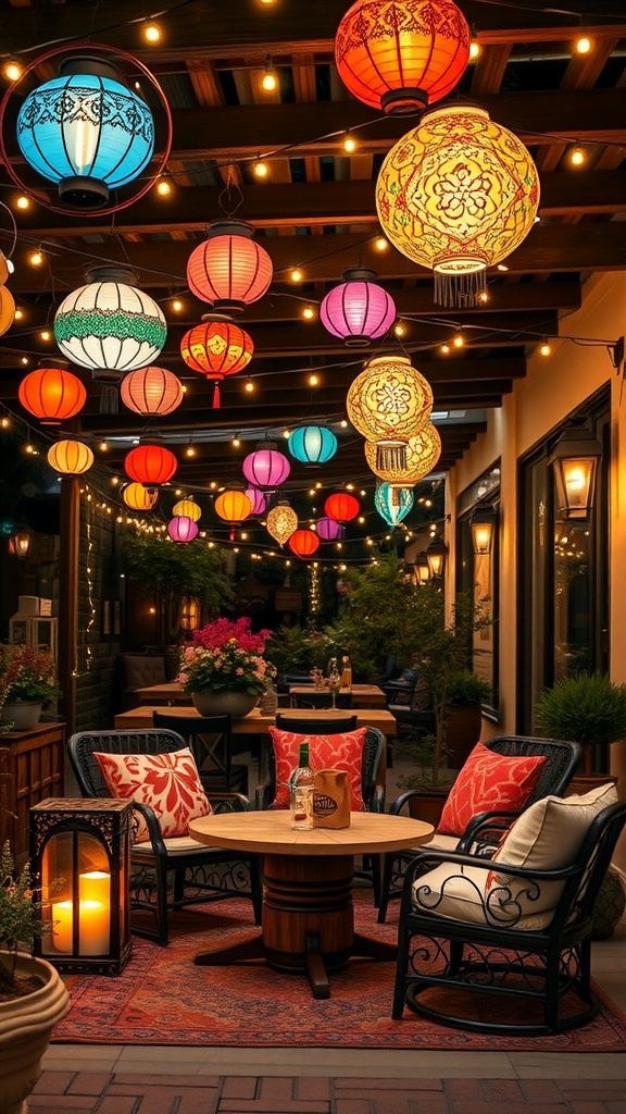 A cozy outdoor patio featuring colorful lanterns and fairy lights, with comfortable seating and decorative plants.