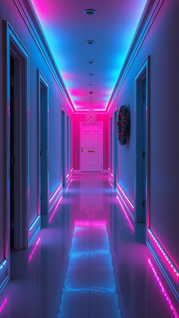 A beautifully lit hallway with colorful blue and pink LED strip lights along the walls, leading to a door decorated with a wreath.