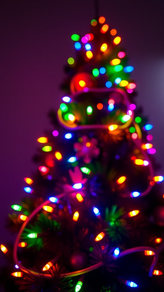 A colorful Christmas tree adorned with twinkling LED lights