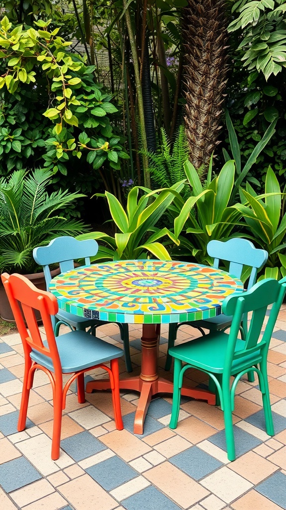 A colorful mosaic table bistro set with blue, green, and red chairs surrounded by lush greenery.