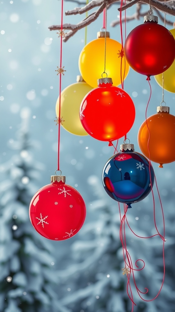 Colorful balloons resembling Christmas ornaments hanging from a branch in a snowy outdoor setting.