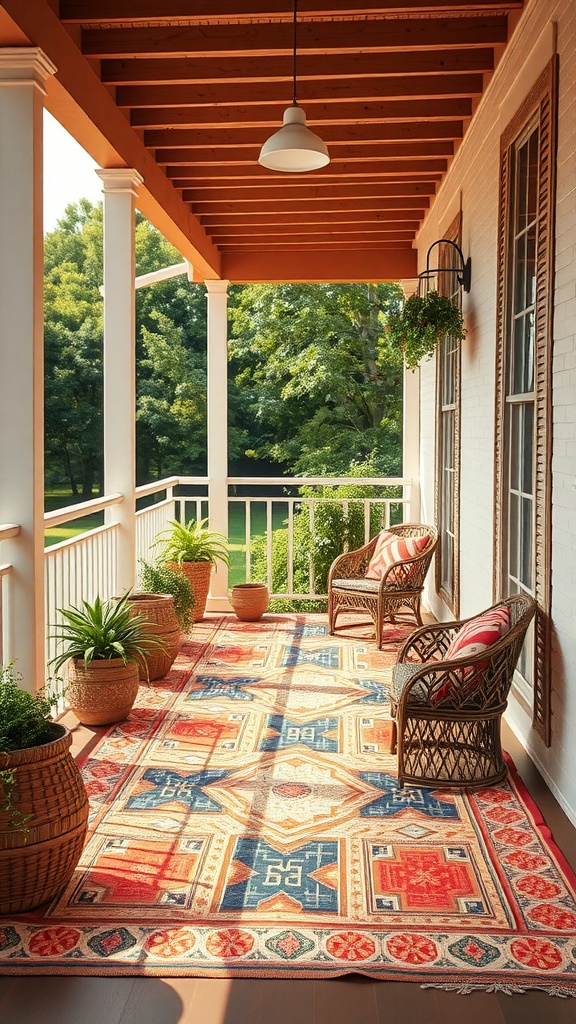 A cozy balcony featuring a colorful outdoor rug with intricate designs, surrounded by plants and comfortable seating.