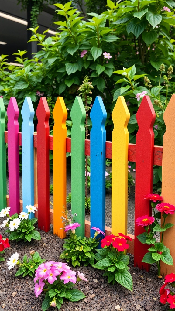 A vibrant painted picket fence with colorful hues surrounded by blooming flowers.