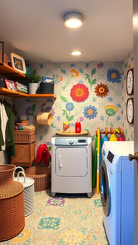 A colorful basement laundry room featuring floral wallpaper and organized shelving.