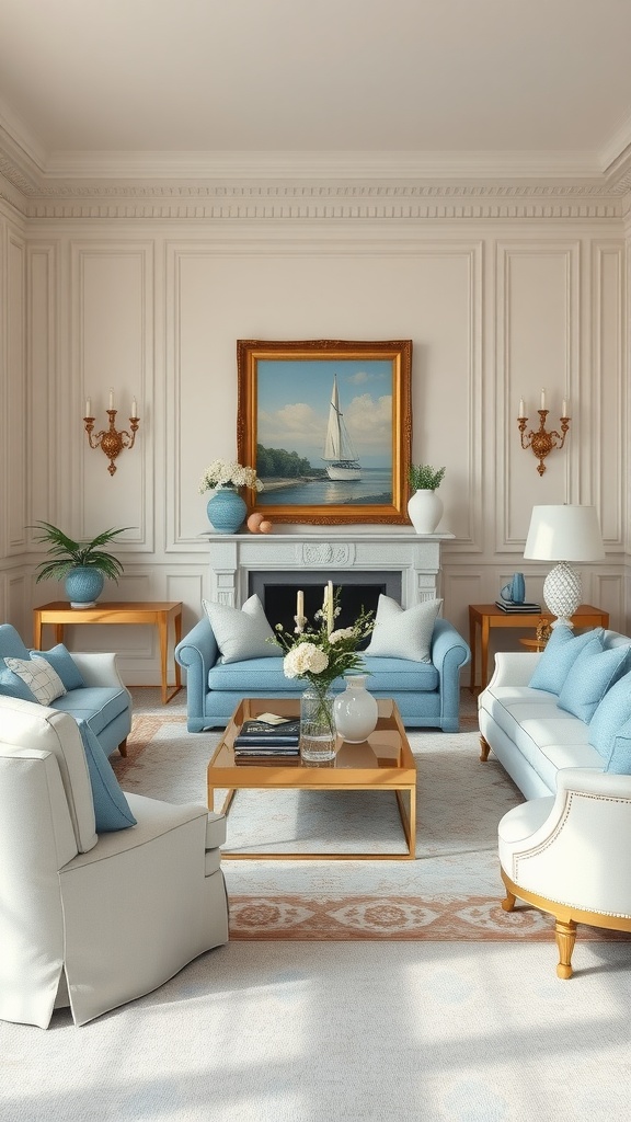 A stylish living room featuring a combination of baby blue and cream colors, with elegant furniture and decor.