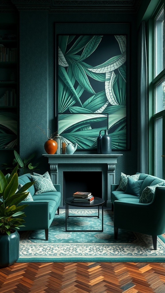 A cozy living room featuring forest green couches, a vibrant artwork, and jewel tone accents.