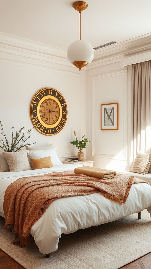 A cozy bedroom featuring gold accents and soft pastel colors, showcasing a blend of elegance and tranquility.