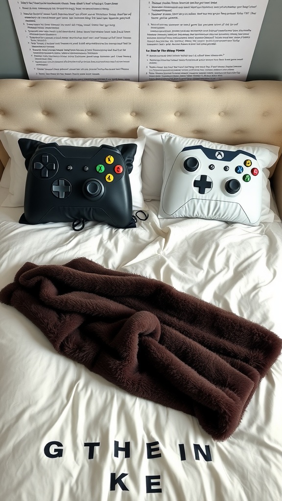 A gaming-themed bedroom featuring controller-shaped pillows and a cozy brown blanket on a bed.