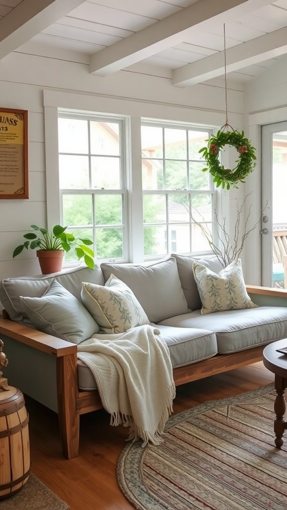 A cozy farmhouse sunroom featuring a light-colored sofa with decorative cushions, a soft throw, and plants.