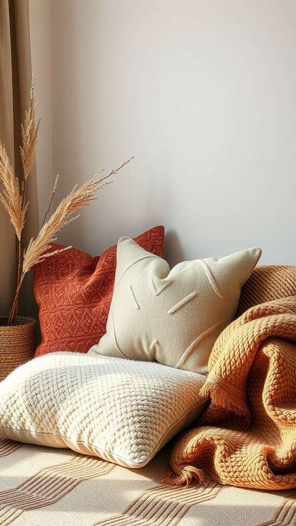 A cozy arrangement of cushions and blankets with earthy tones and textures.