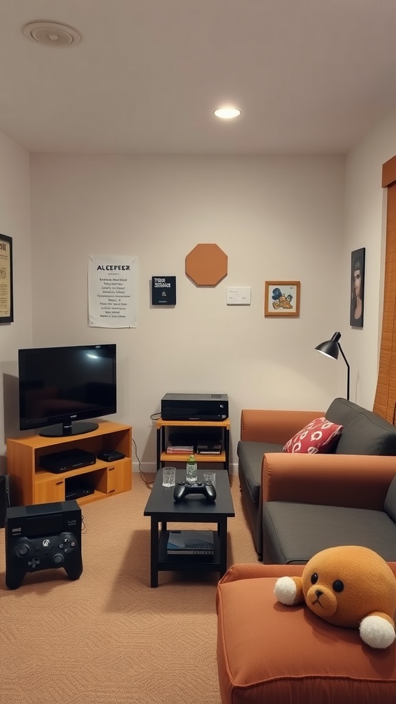 A compact living room setup featuring a TV, gaming consoles, and colorful furniture in a dorm room.