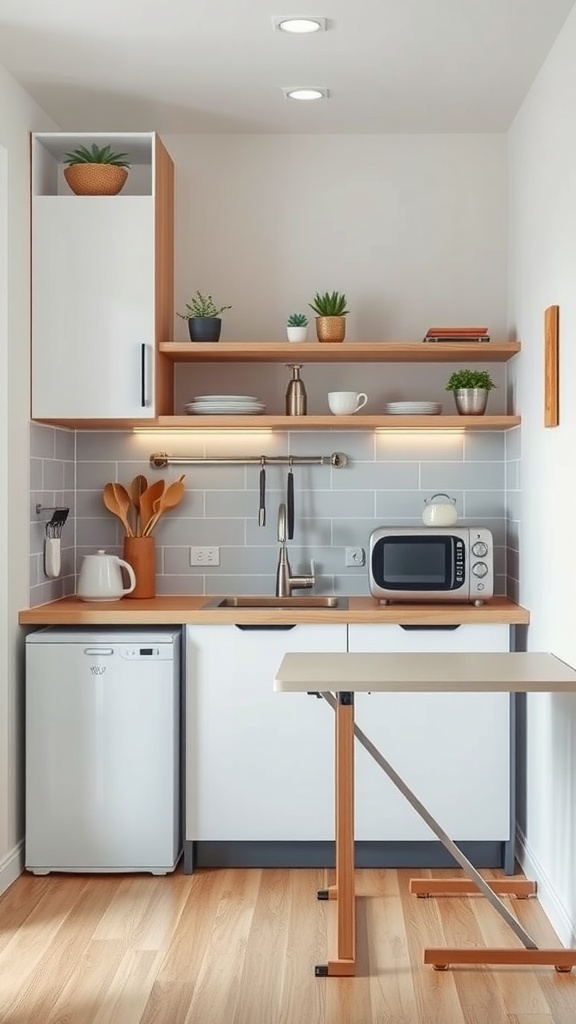 A compact kitchen layout featuring a small fridge, microwave, sink, and a fold-down table with shelves above for storage.