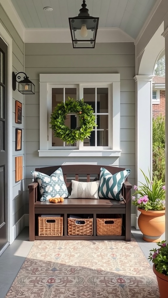 A small porch with a storage bench and decorative elements.