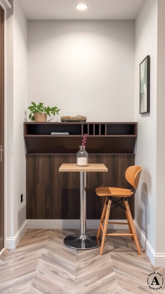 A compact breakfast nook featuring a round table and a wooden chair in a small urban space.