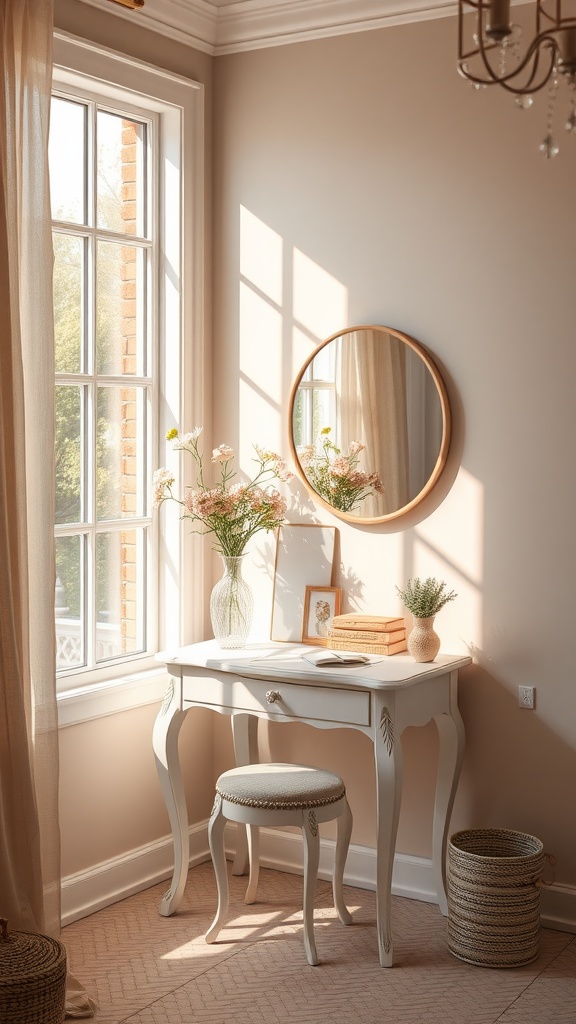 A cozy corner vanity with natural light, featuring a white desk, round mirror, flowers in a vase, and warm sunlight.