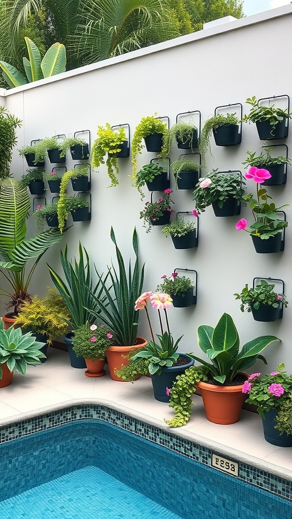 A compact vertical garden with various potted plants arranged on a wall next to a small pool.