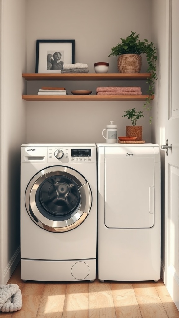 Compact washer and dryer in a small laundry room with wooden shelves and decor