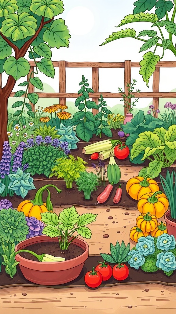 A colorful vegetable garden featuring various plants like tomatoes, cucumbers, and marigolds arranged in an organized manner.