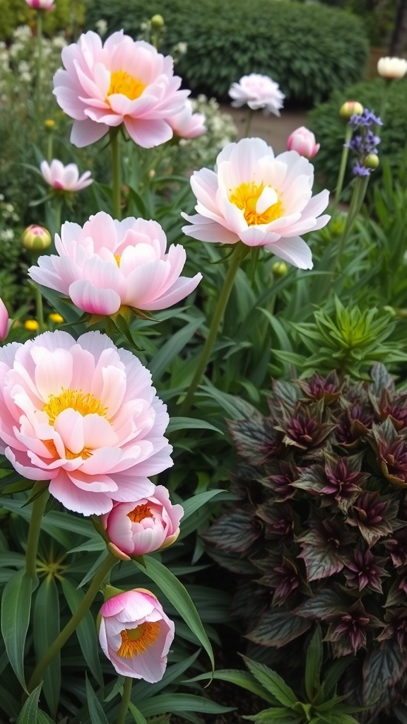 Peonies in a garden surrounded by companion plants