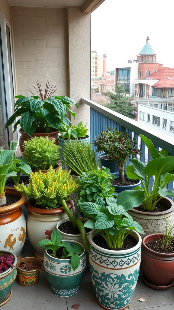 A balcony filled with various pots of vegetables and herbs, showcasing a diverse container garden.