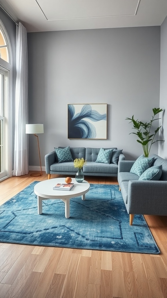 A contemporary living room featuring a blue rug, gray walls, and stylish furniture