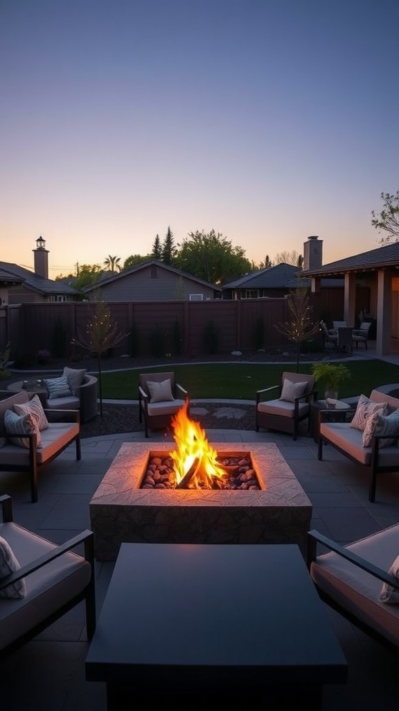 A contemporary fire pit surrounded by seating in a modern backyard.