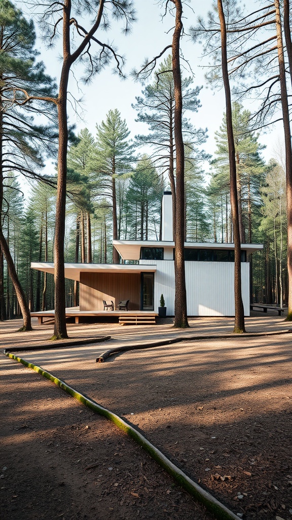 A contemporary minimalist house nestled among tall pine trees in a forest setting.