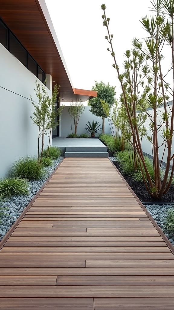 Wooden walkway leading to a modern home with greenery on the sides.