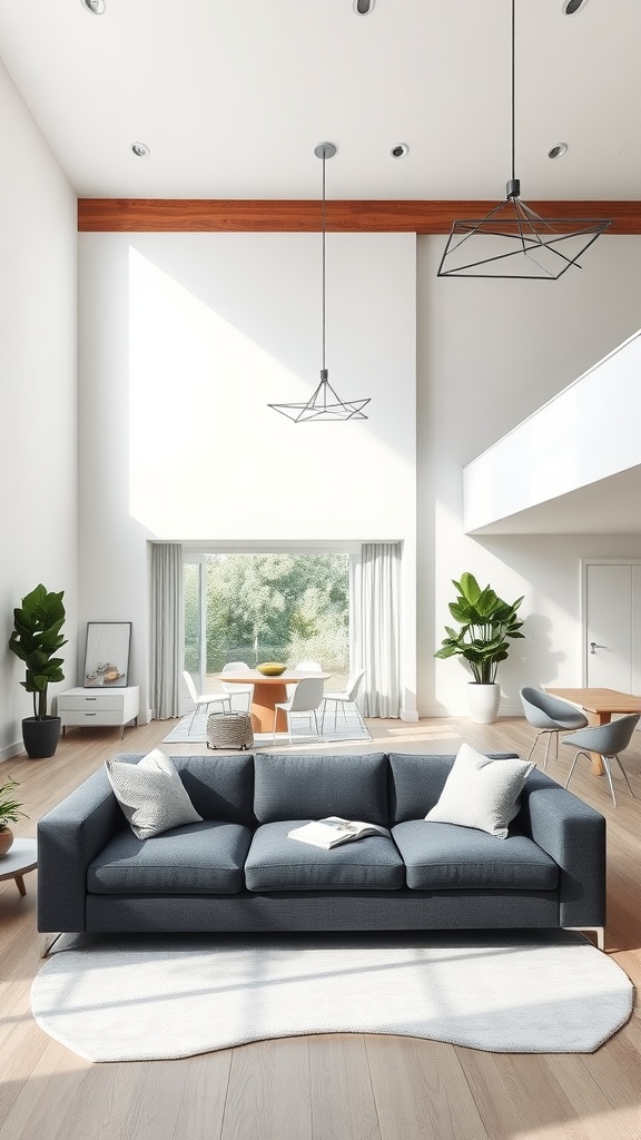 A contemporary living room with a dark gray sofa, large windows, and potted plants.