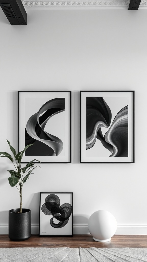 Black and white wall art in a bedroom with framed pieces and decorative elements